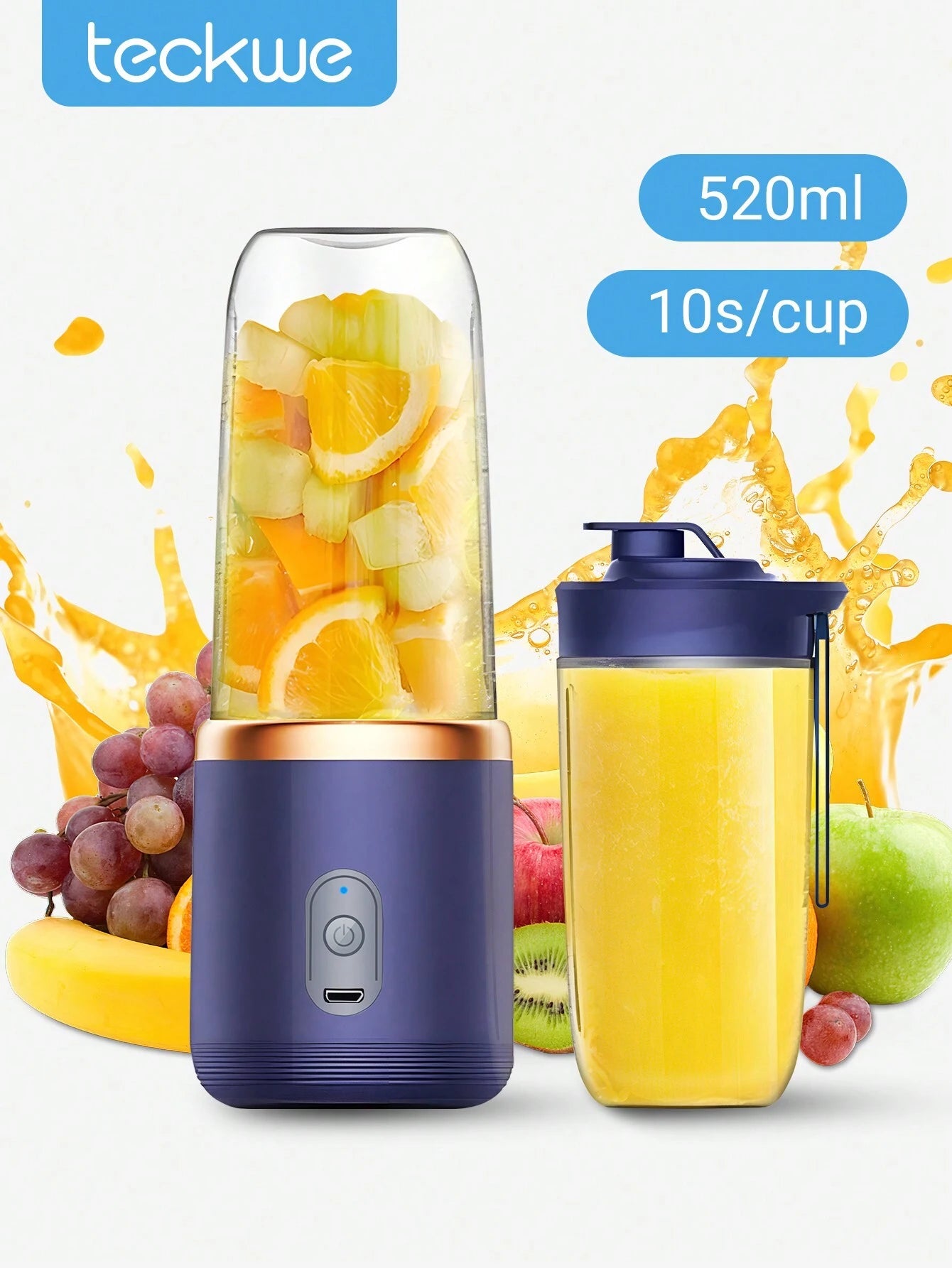 Teckwe Portable Juicer Cup,Smoothie Blender Cup,18000RPM Wireless Mini Charging Fruit Squeezer,Usb Rechargeable 6 Blades Juicer For Home,Kitchen,Travel,Sports 520ML Christmas Gifts,Must-Haves For Autumn And Winter Holiday Camping Holiday Essentials Vacati